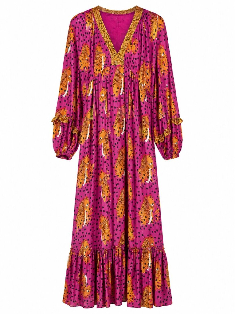 FARM RIO ANTHROPOLOGIE Long Sleeve Cheetah Maxi Dress Pink Orange Small
